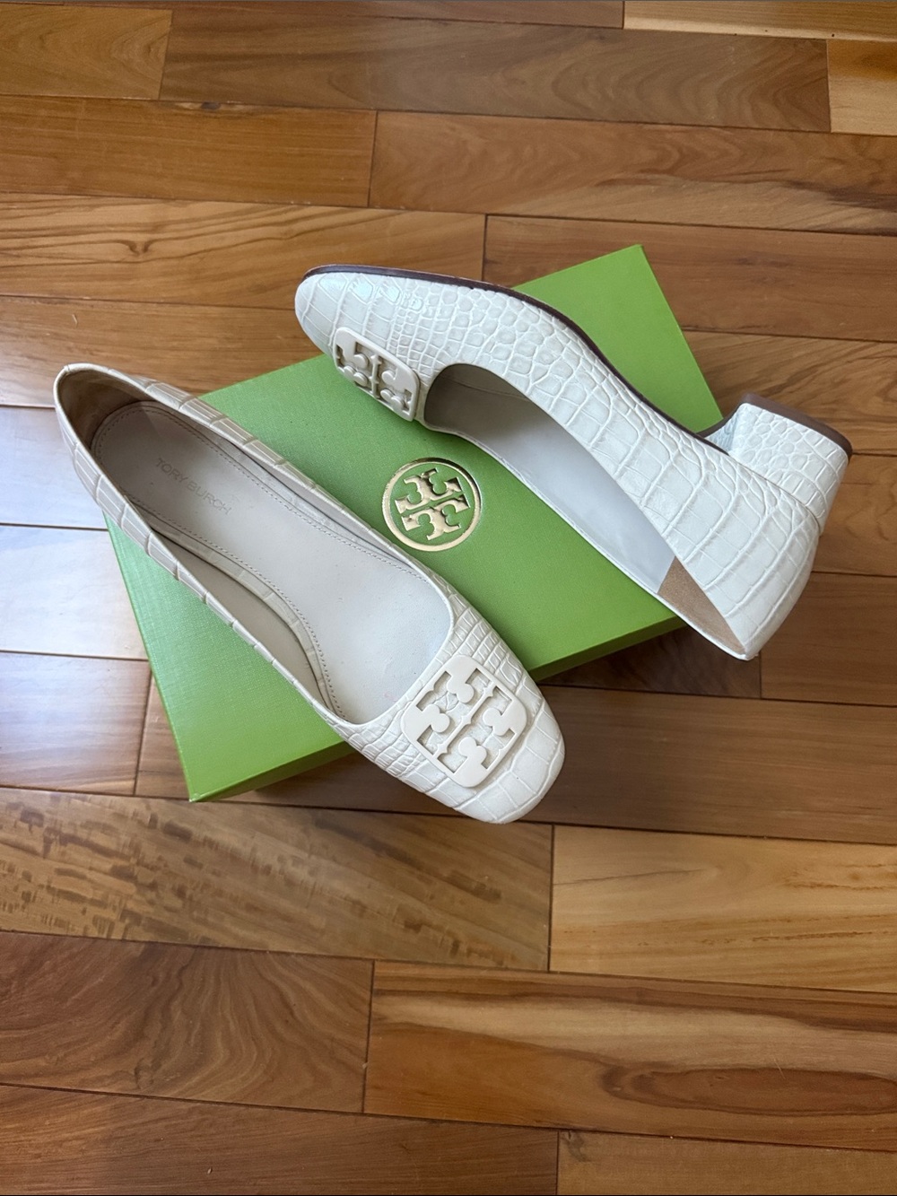 Tory Burch Cream Croc-Embossed Square Toe Flats with Logo